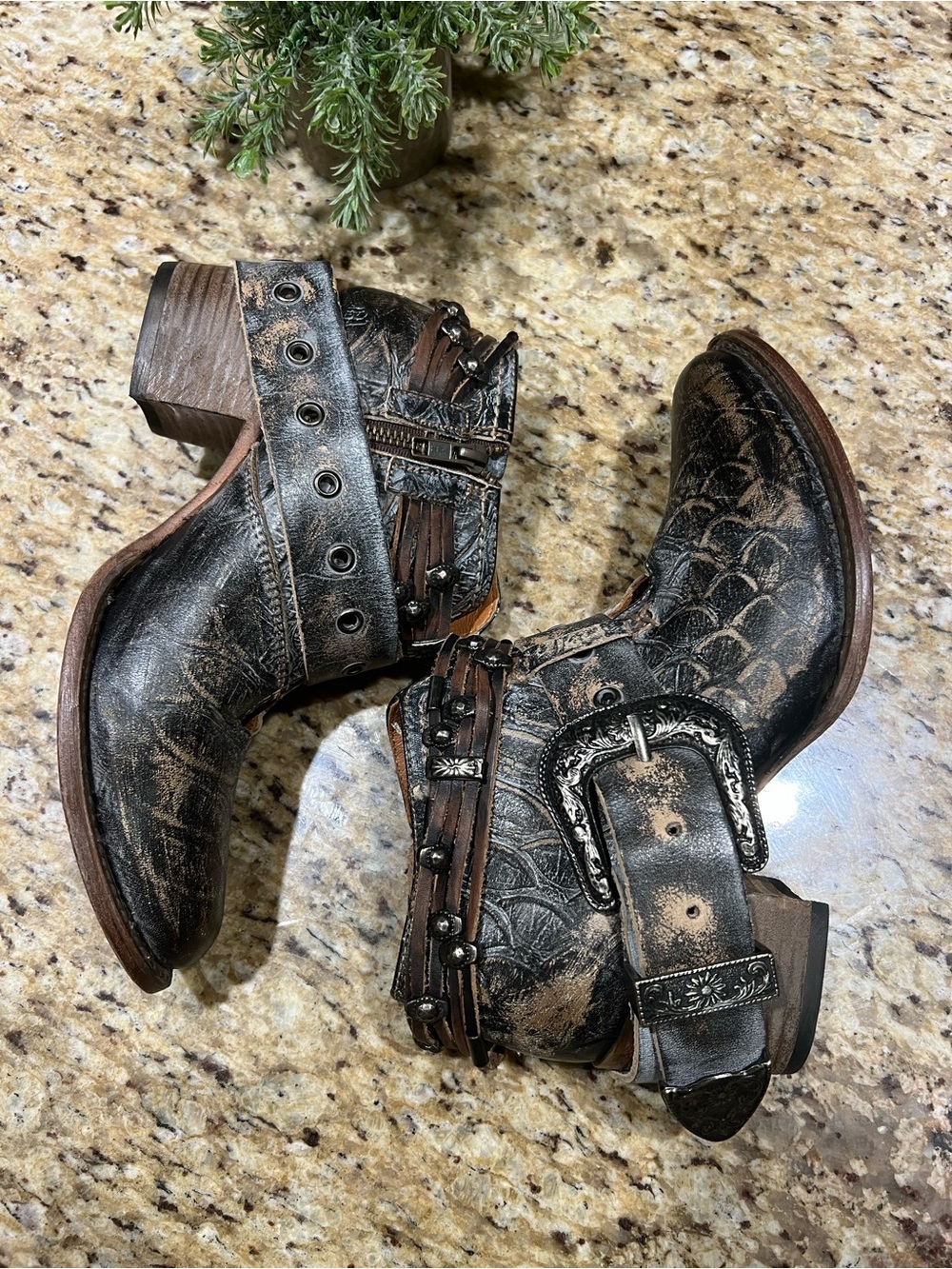 Freebird Saloon Croc Embossed Distressed Black Western Ankle Boots 9 - Picture 5 of 11